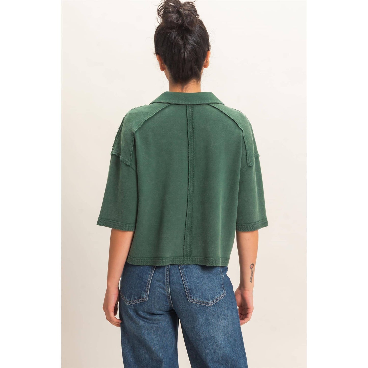 Mineral Wash Oversized Collar Short Sleeve Top: DARK GREEN