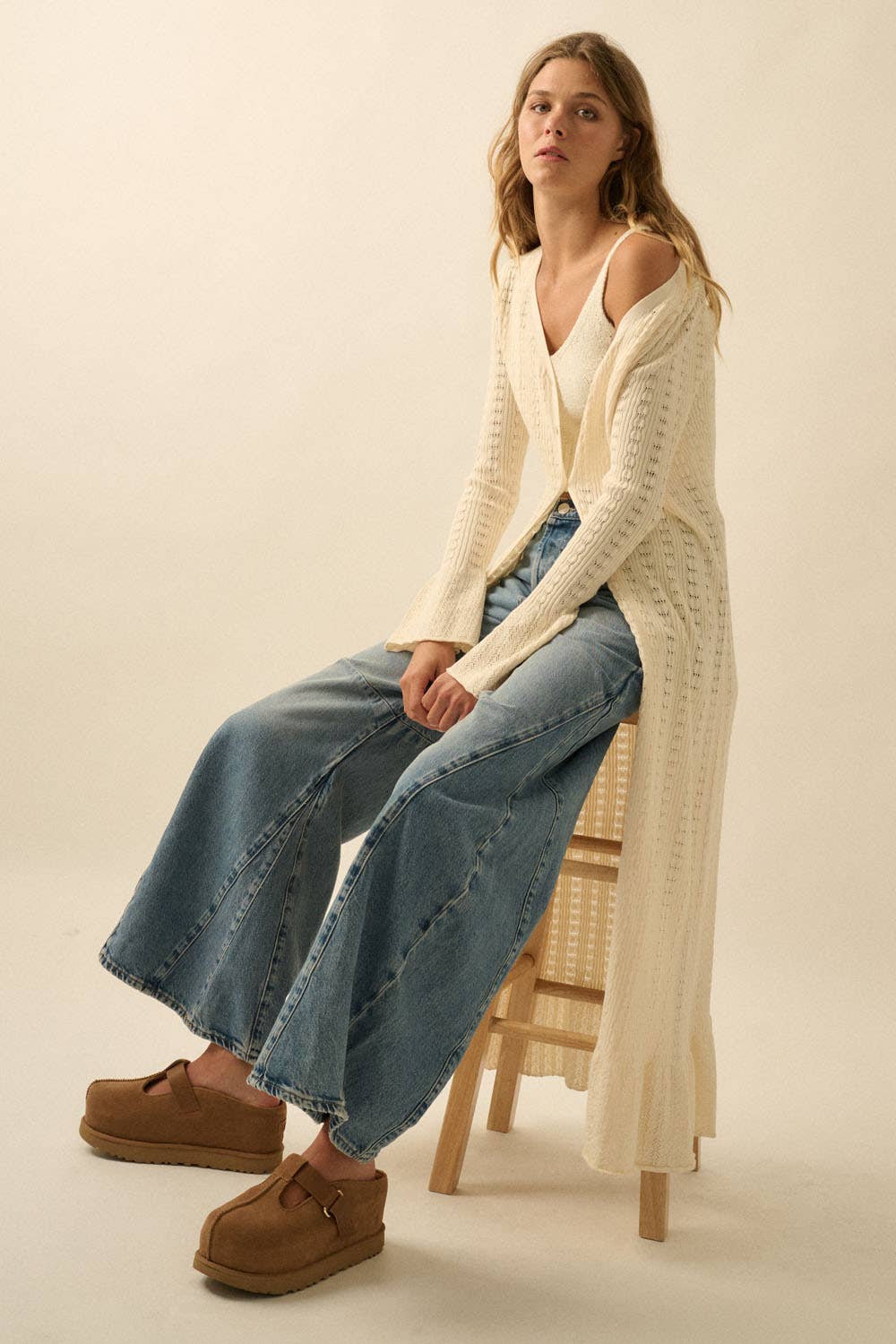 Pointelle Rib-Knit Trumpet-Sleeve Duster Cardigan: Cream