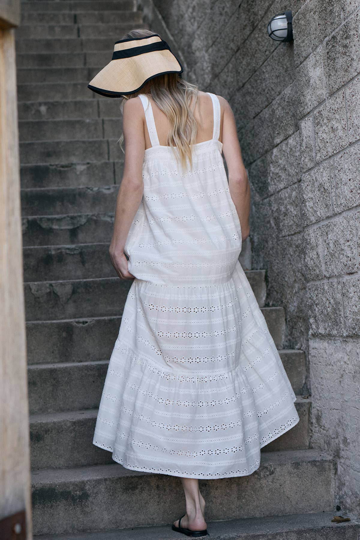 Eyelet Tiered Button Front Maxi Dress: WHITE