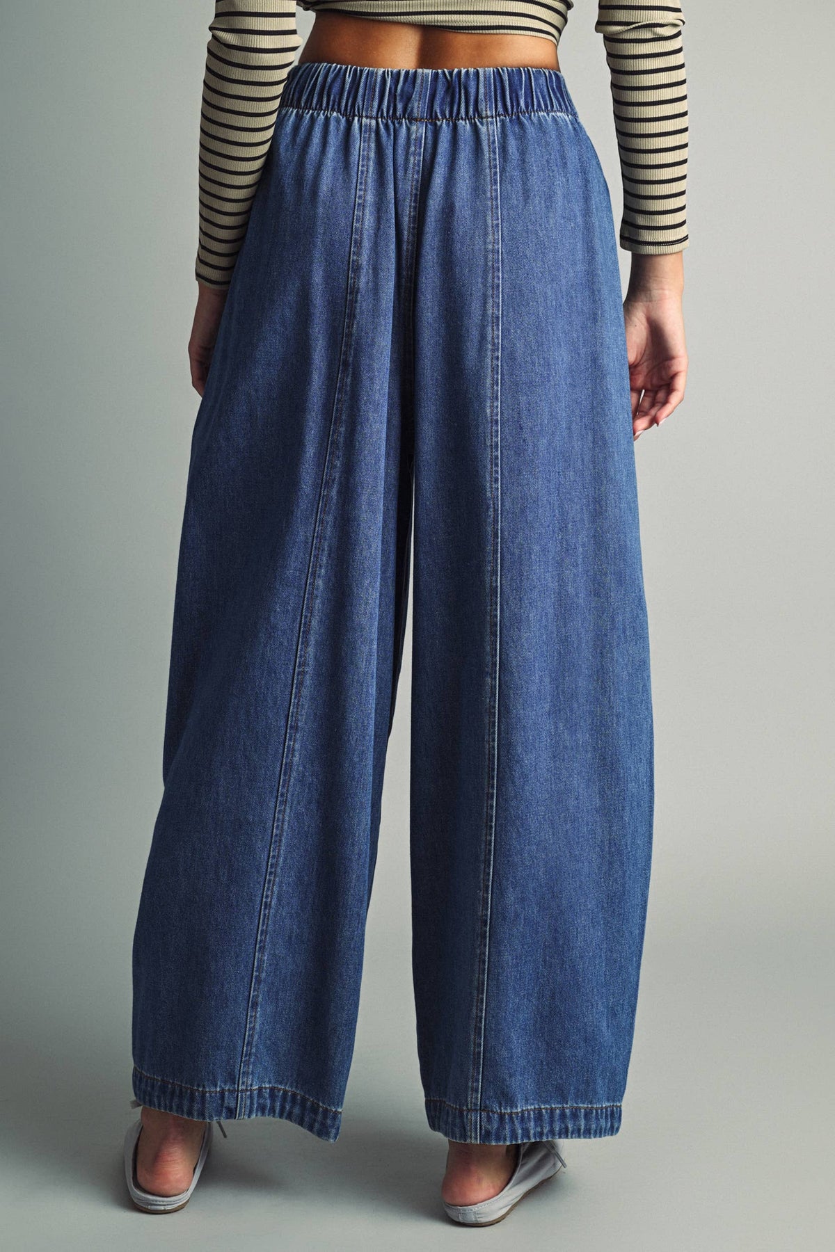 LOOSE BARREL ELASTIC BAND WAIST DENIM PANTS: DENIM