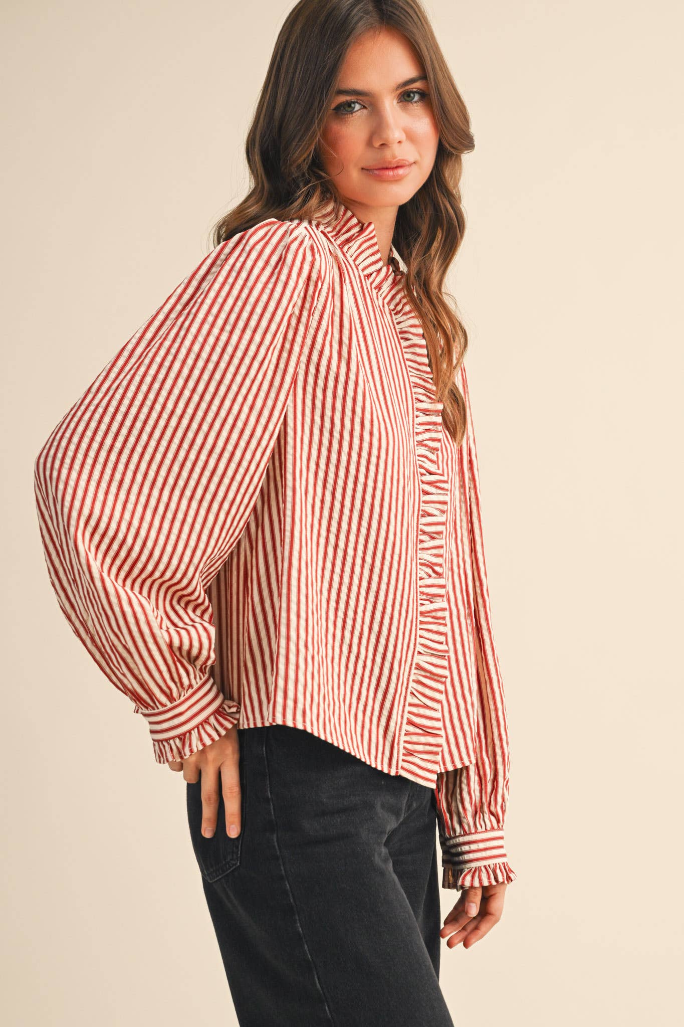 STRIPED RUFFLED BUTTON DOWN: Red Stripe