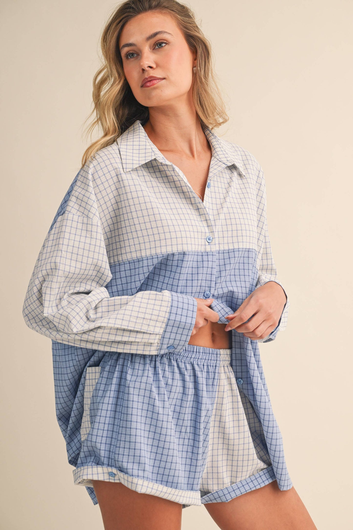 Long Sleeve Button Down Shirt and Short Set: Blue Multi