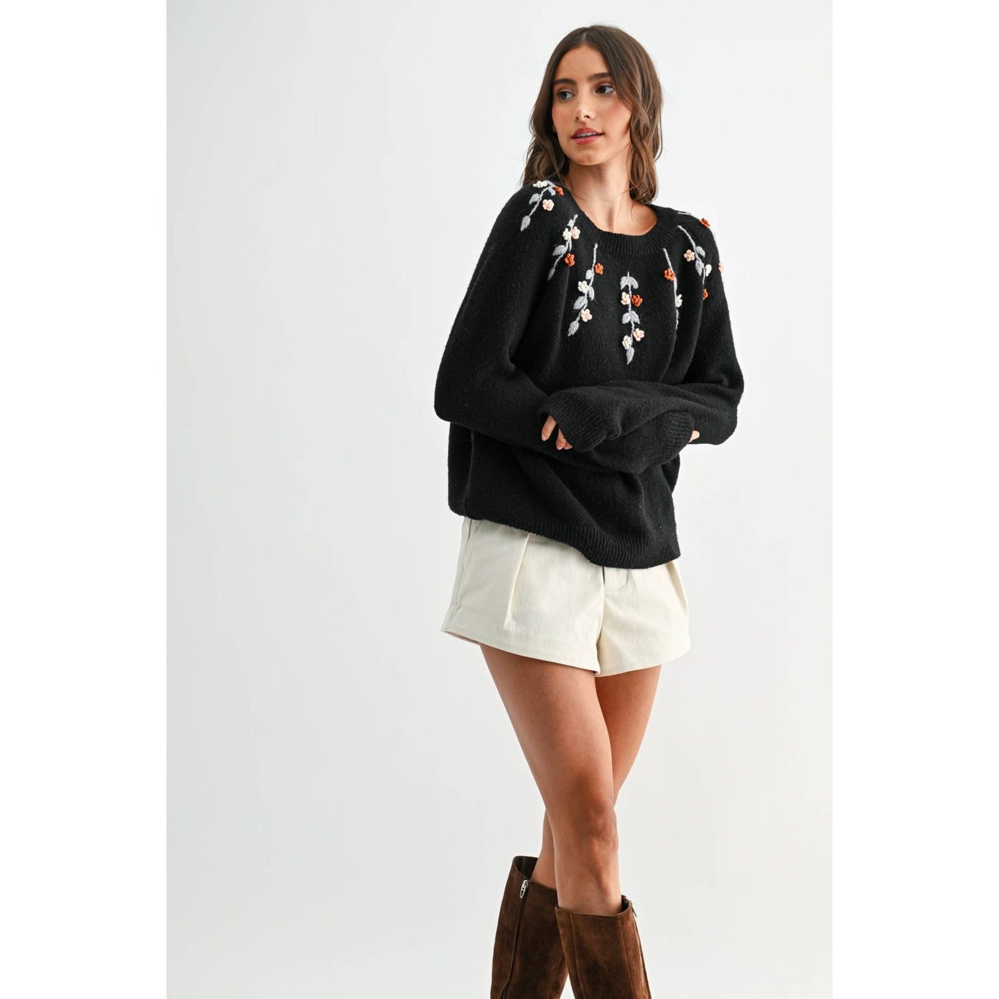 BLACK EMBROIDERED FLORAL SWEATER: BLACK