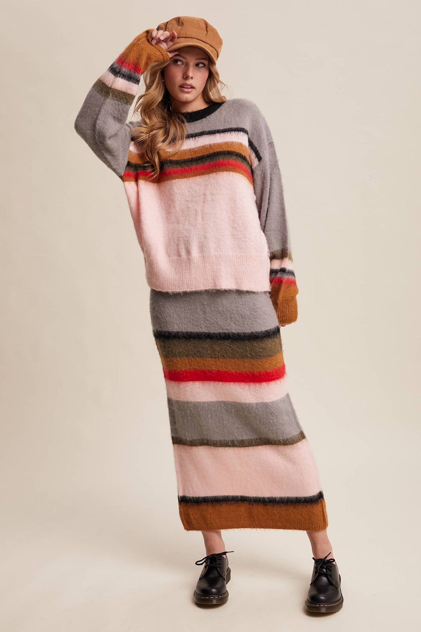 Striped Fuzzy Knit Sweater & Skirt: Light Pink Multi