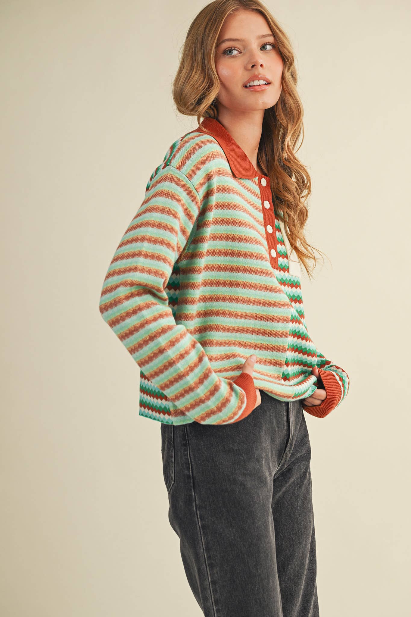 MULTI-COLOR STRIPED KNIT SWEATER: TEAL COPPER