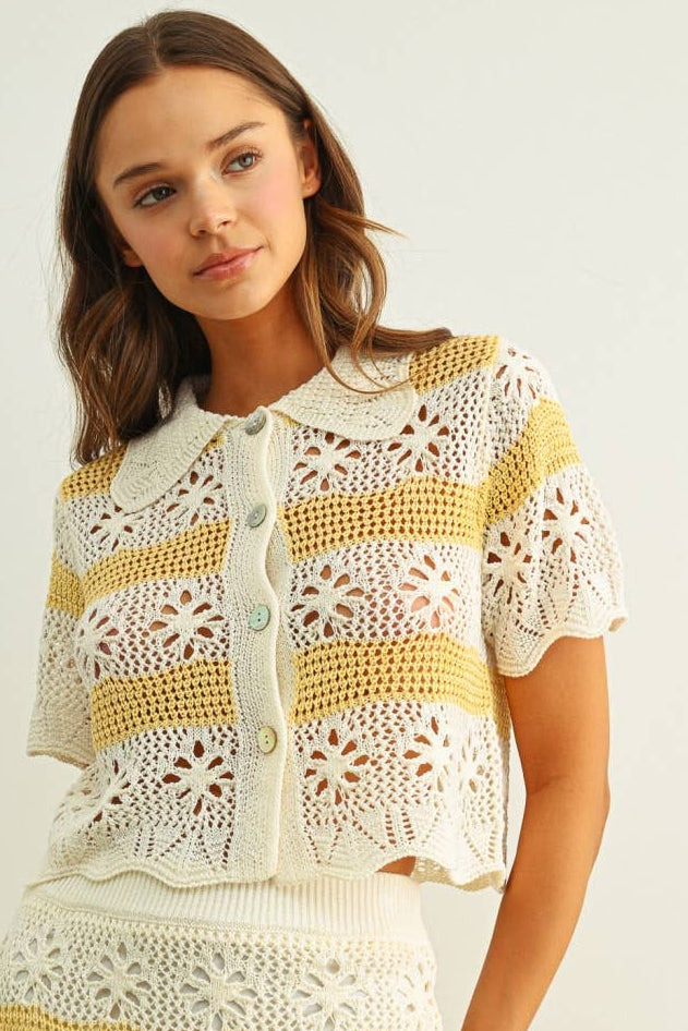 FLORAL CROCHET KNIT TOP: CREAM/CUSTARD