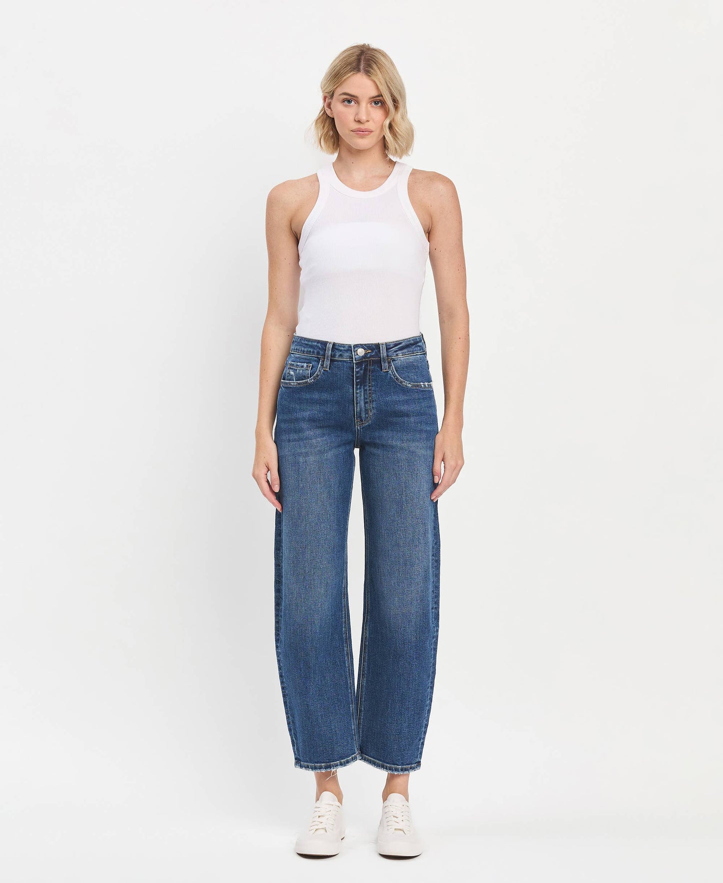 HIGH RISE MEDIUM DARK WASH ANKLE BARREL JEANS