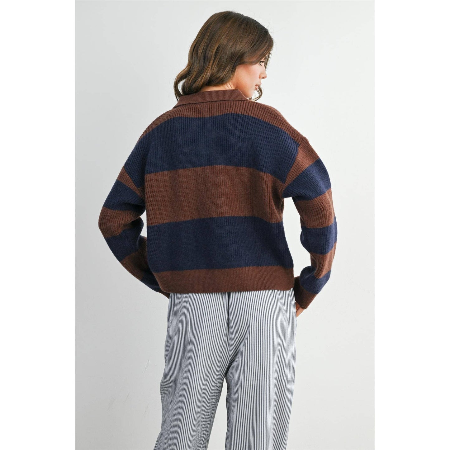 Striped Color Block Collared Sweater: BROWN / OLIVE