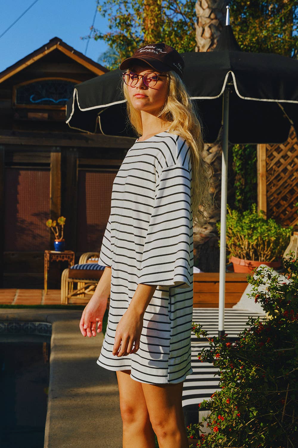 Boat Neck Oversized Striped Mini T-shirt Dress: Ivory/Black
