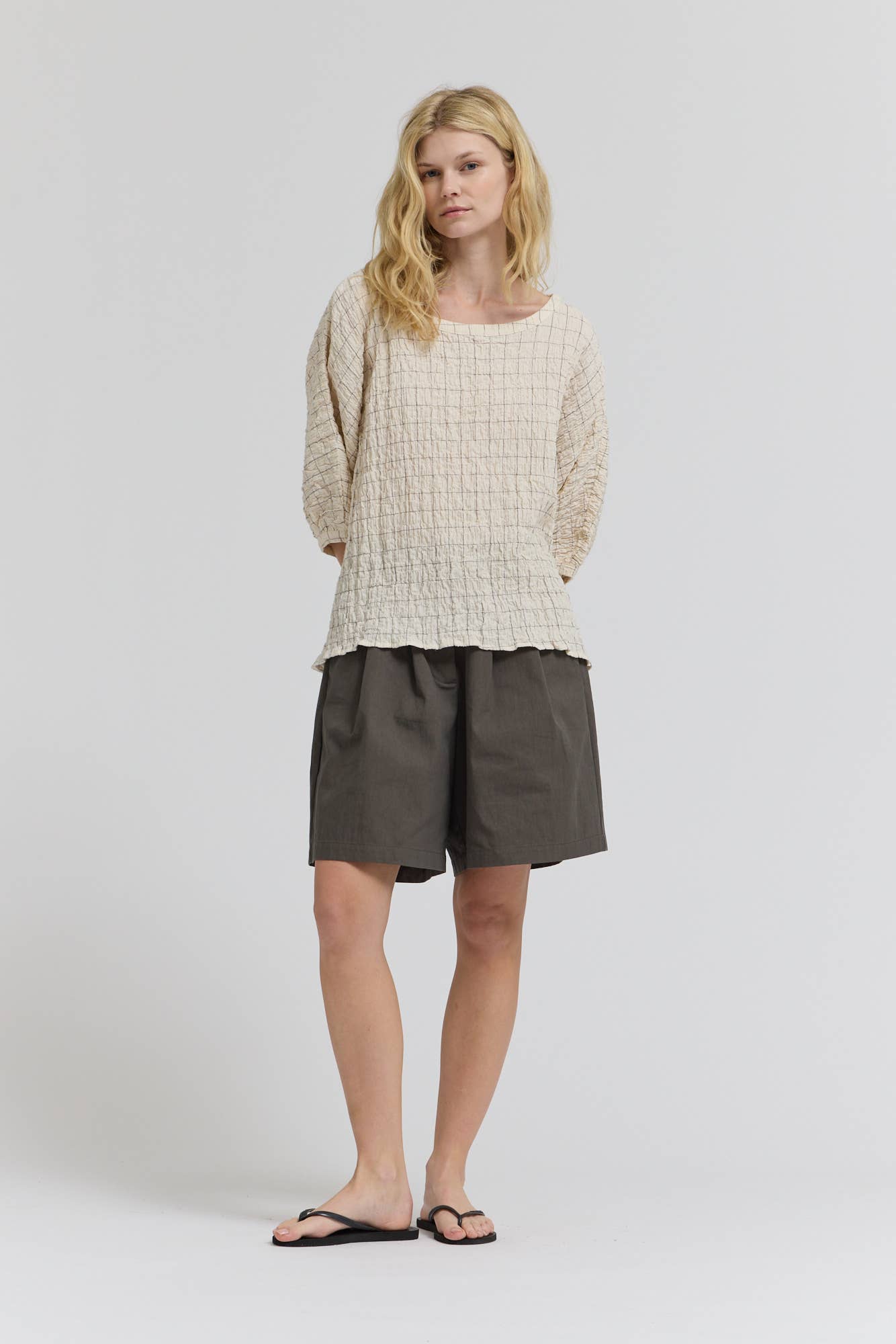 CHECK PRINT GAUZE BLOUSE: Black