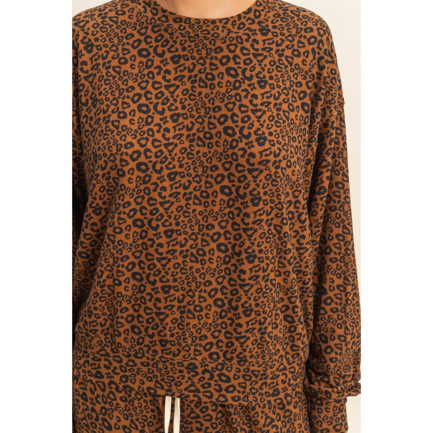 Soft Fabric Leopard Lounge Sweatshirt: BROWN