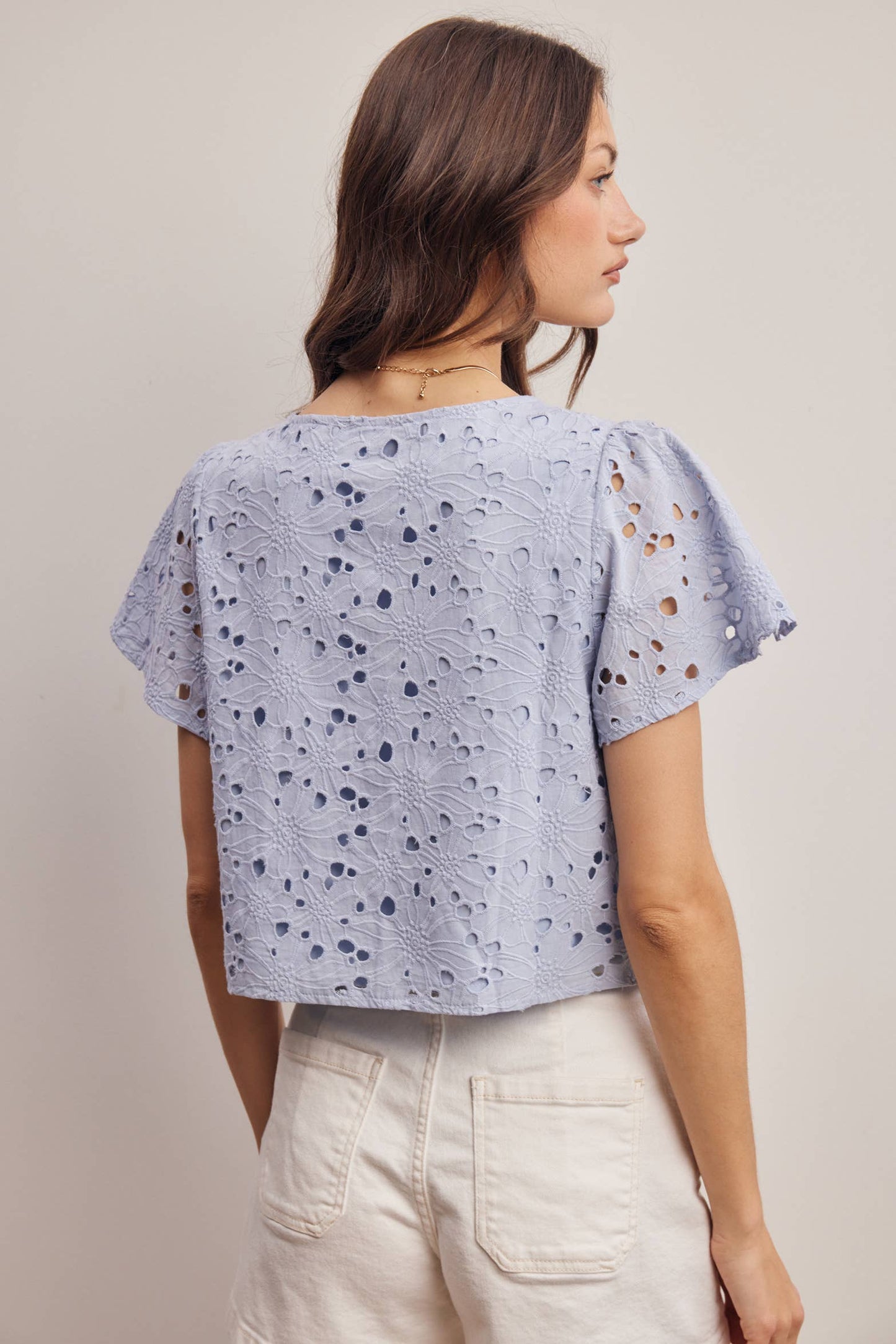 Eyelet Tie-Front Lined Cotton Top: Ivory