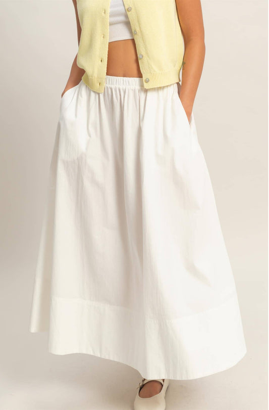 Elastic Waist Midi Poplin Skirt: WHITE