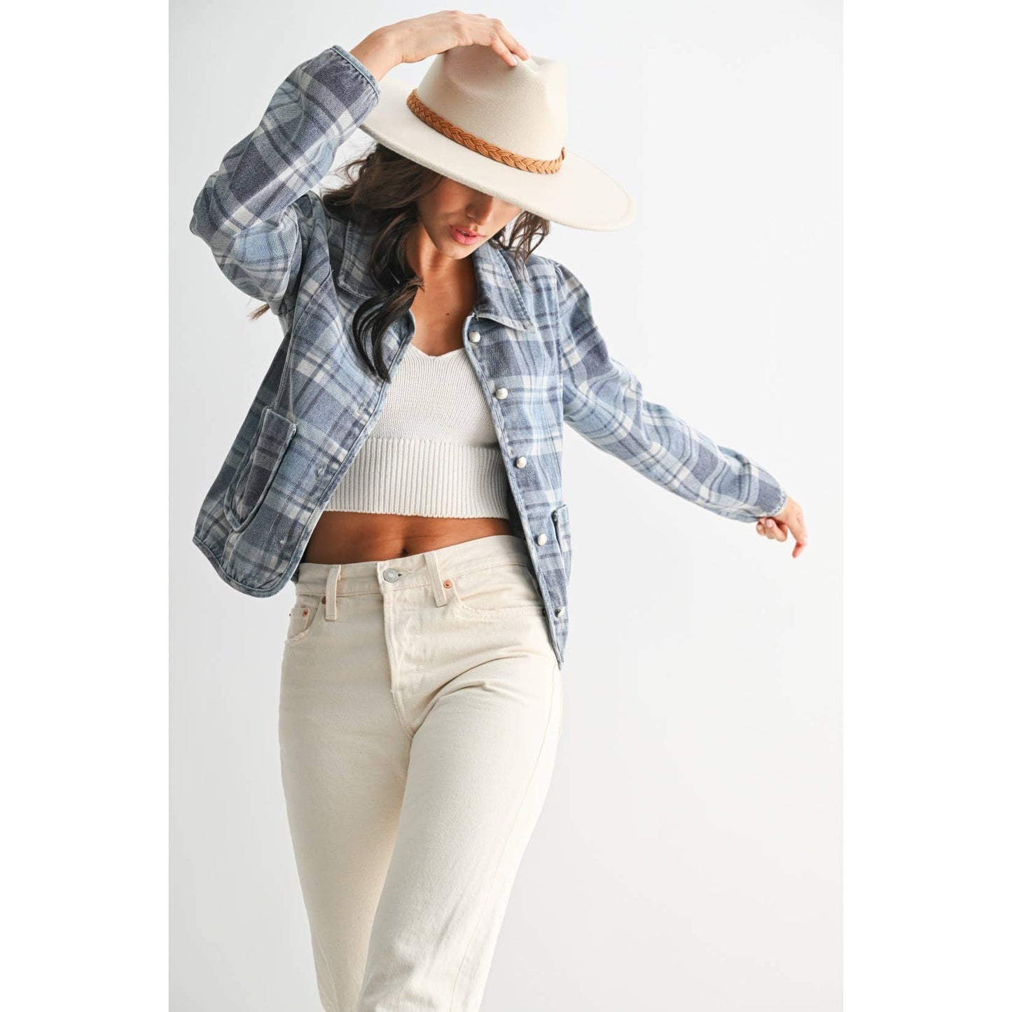 PLAID DENIM JACKET: MEDIUM DENIM WASH PLAID / S-M-L(3-2-1)