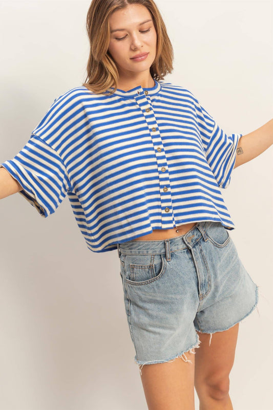 Striped Button-Up Tee: BLUE