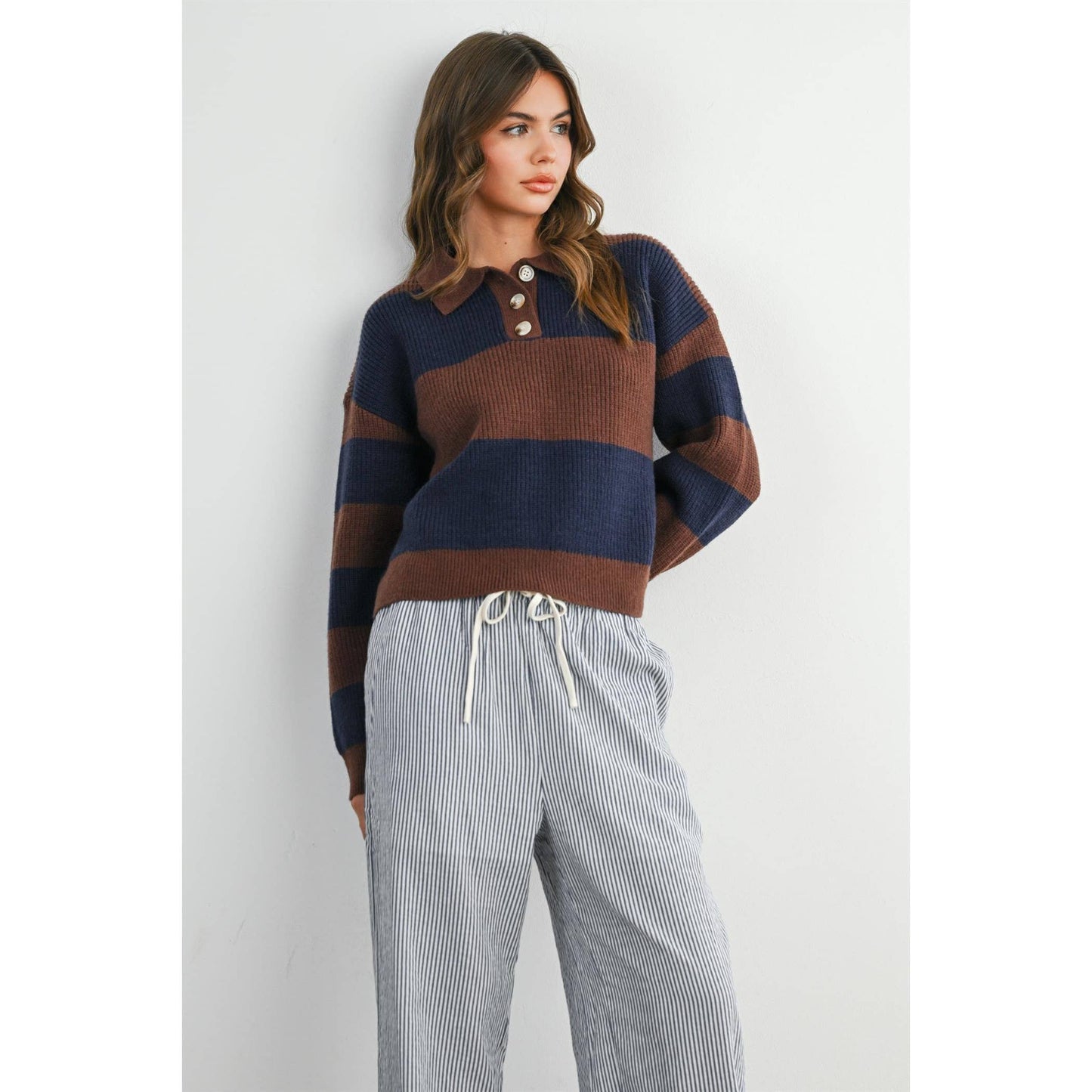 Striped Color Block Collared Sweater: BROWN / OLIVE