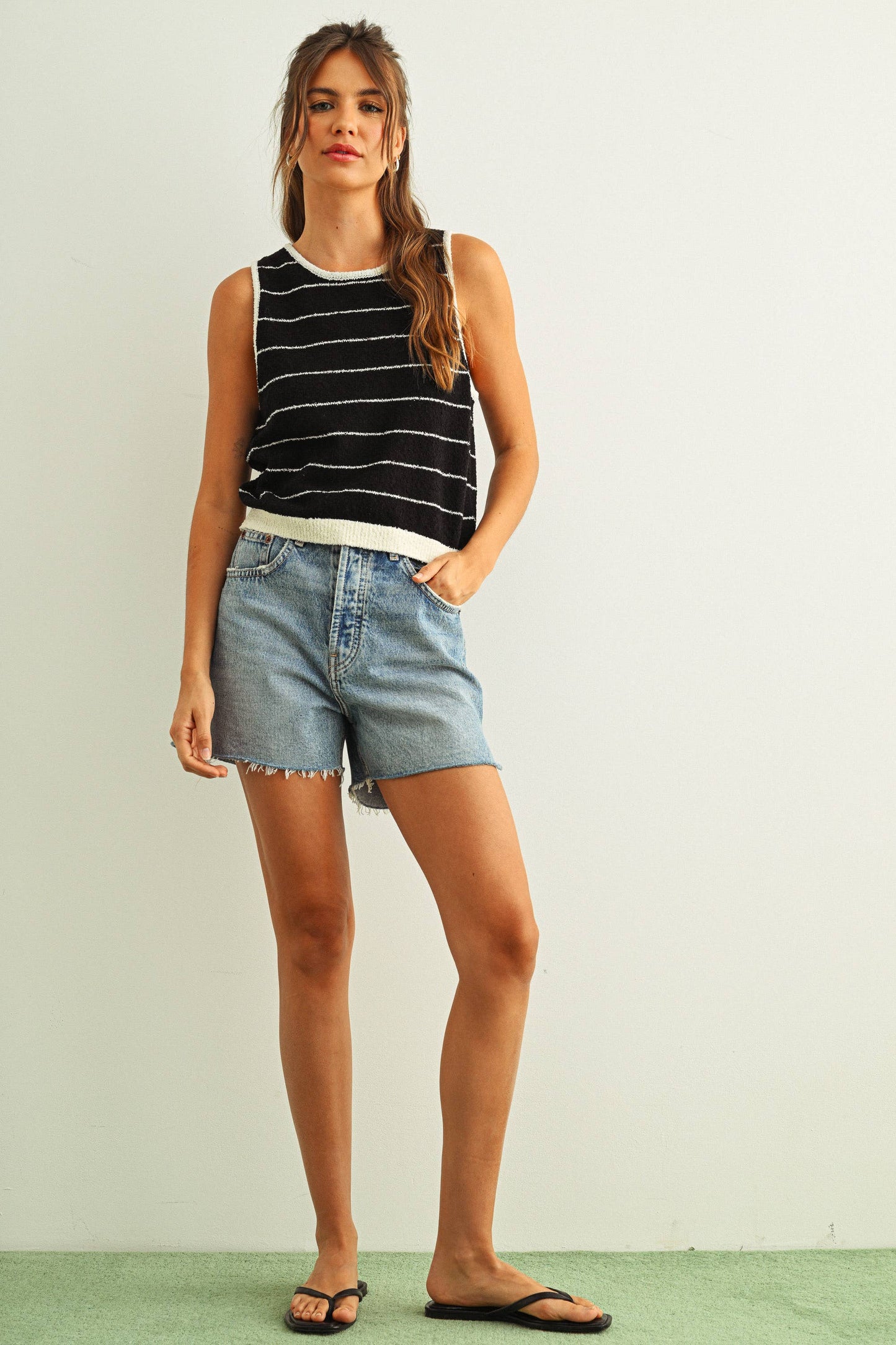 PINSTRIPED KNITTED TANK: BLACK