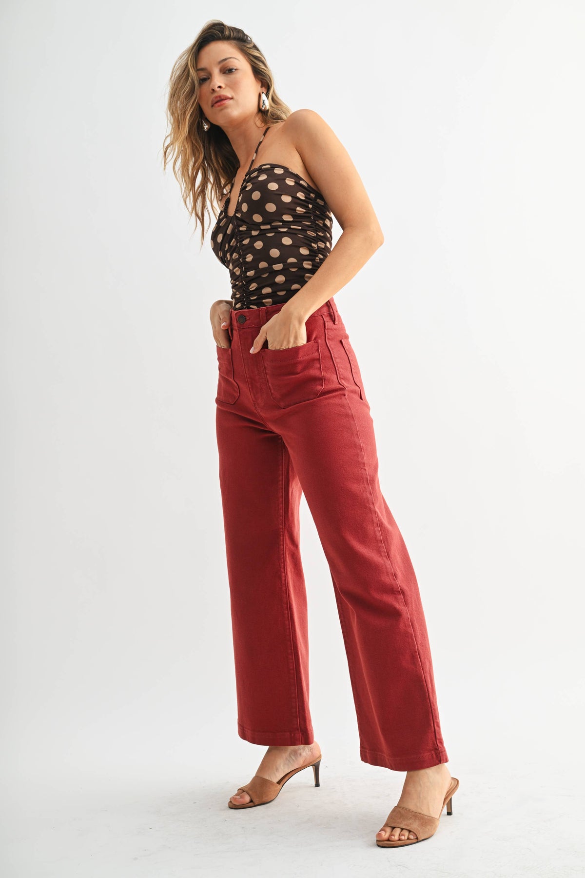 Patch Pocket Wide Leg - DARK BURGUNDY RED