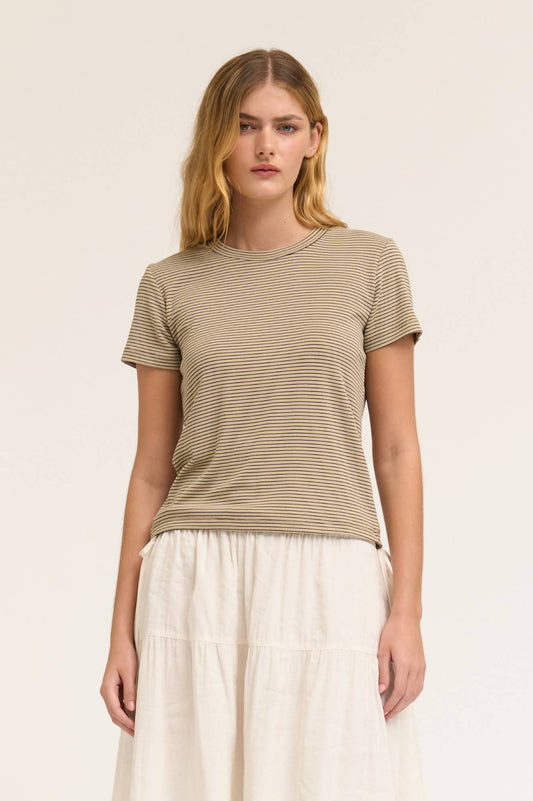 FIT STRIPE COTTON T SHIRT: TAN