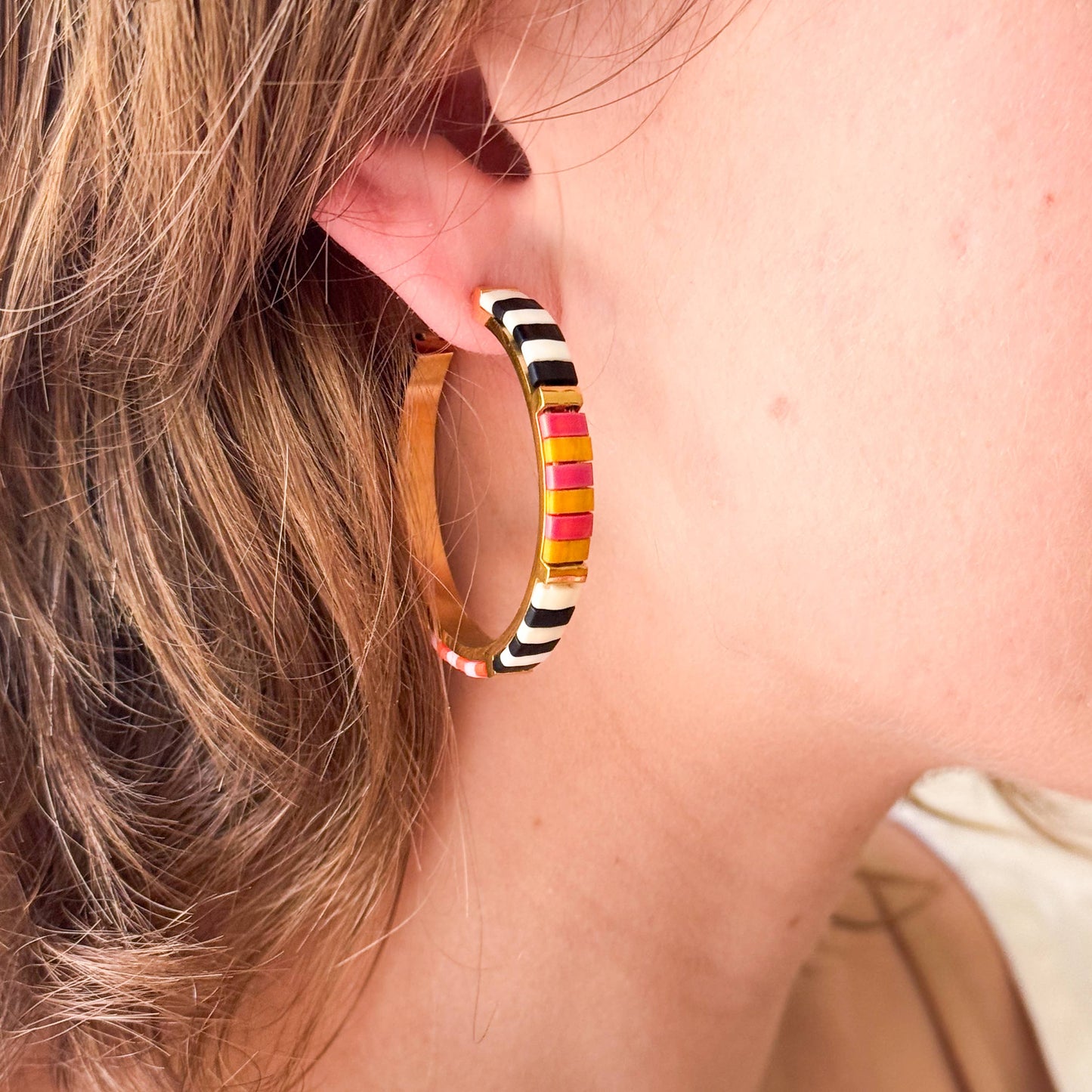 Big Bold Tila Bead Hoop Earrings Gold-Plated, Handmade- B+W