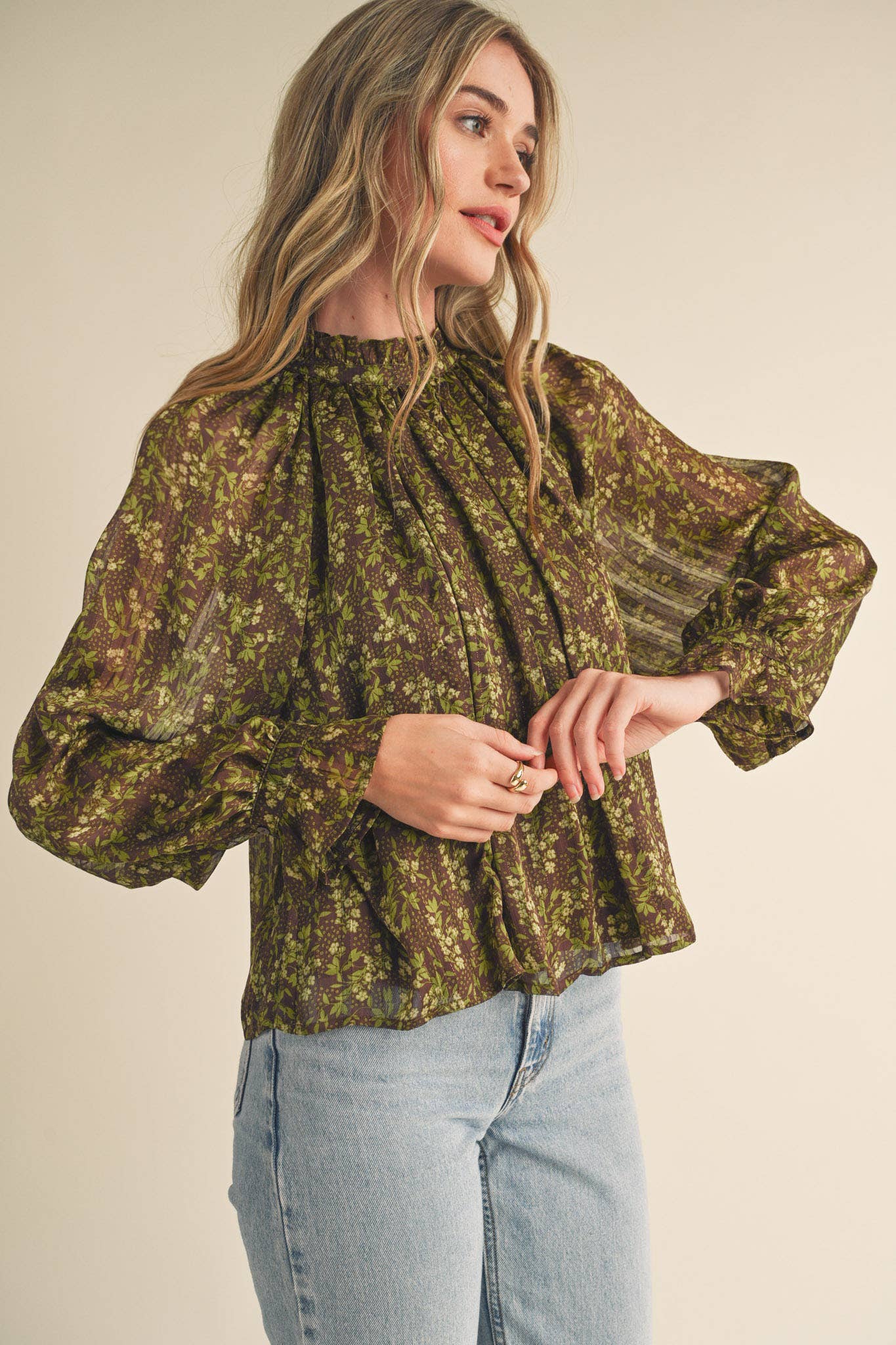 FLORAL LUREX BALLOON SLEEVE TOP: BROWN SAGE LIME