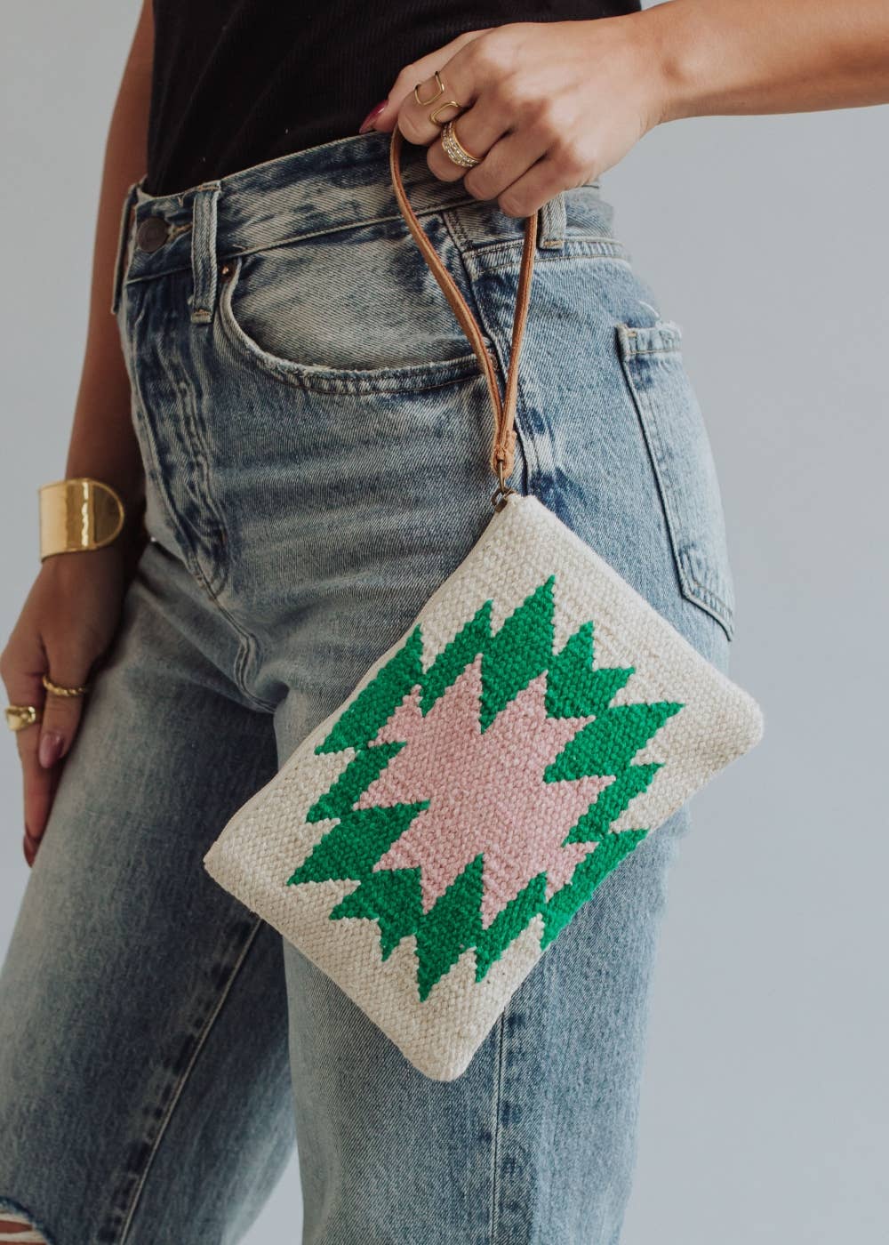 Beige, Green & Pink Aztec Wristlet