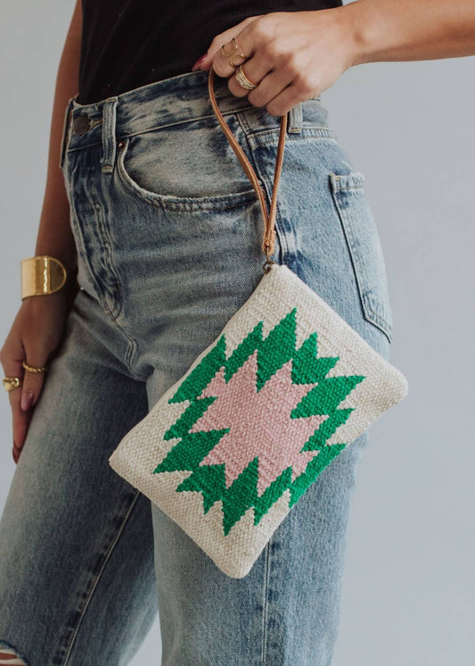Beige, Green & Pink Aztec Wristlet