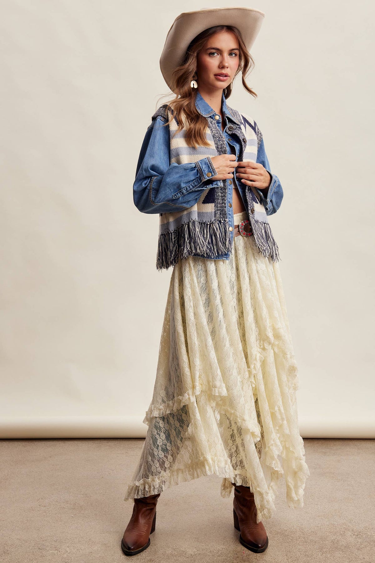 Western Fringe Knit Sweater Vest: Navy