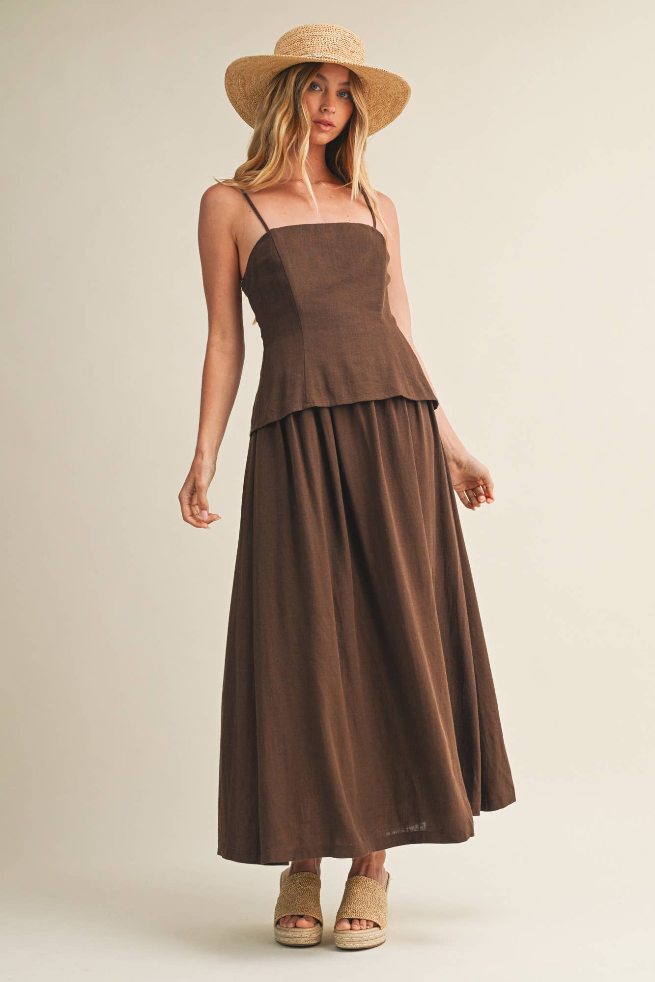 Tiered Bodice Maxi Dress: Brown