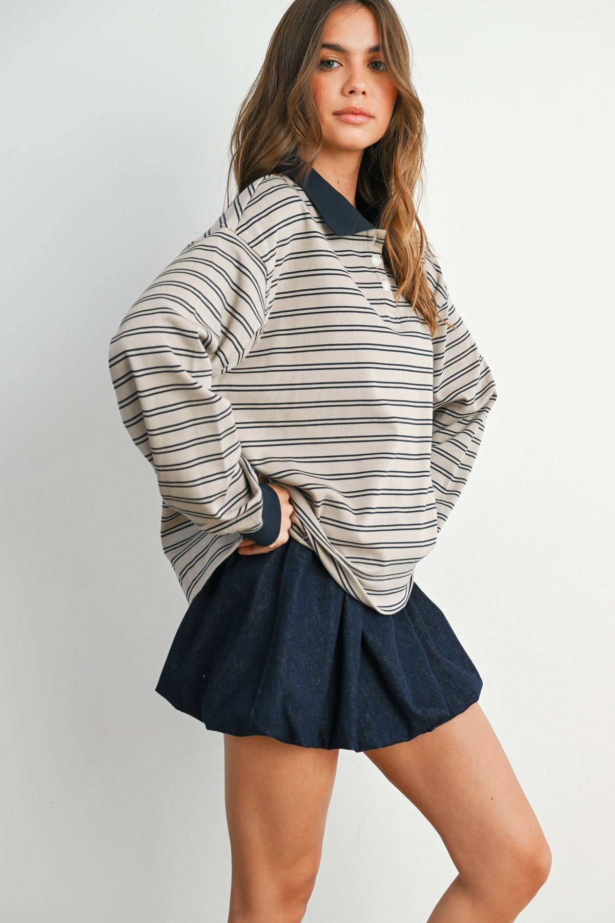 Quarter-Button Striped Collared Long Sleeve Top: TAUPE / NAVY