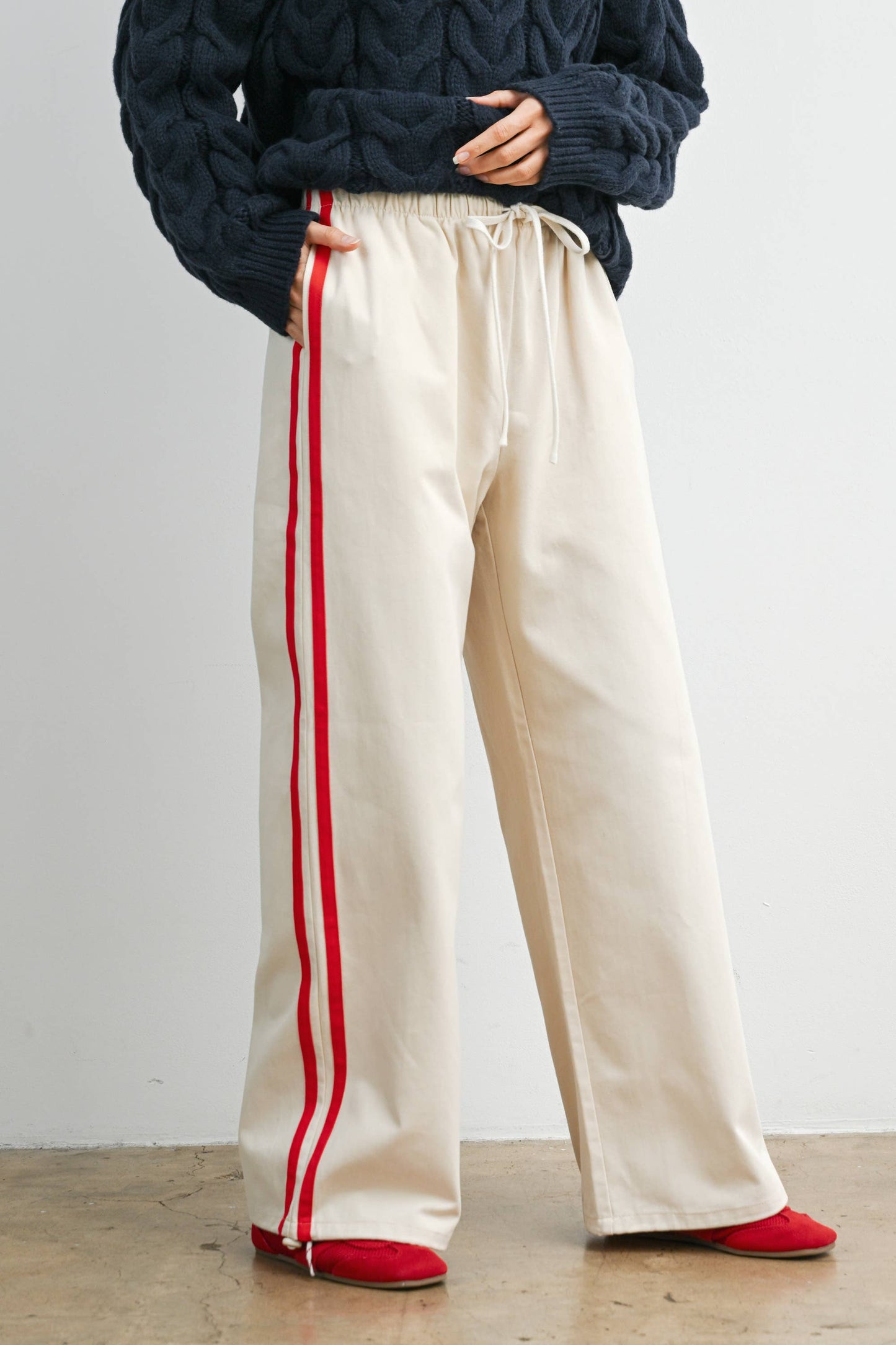 Striped Wide-Leg Drawstring Track Pants: IVORY / RED