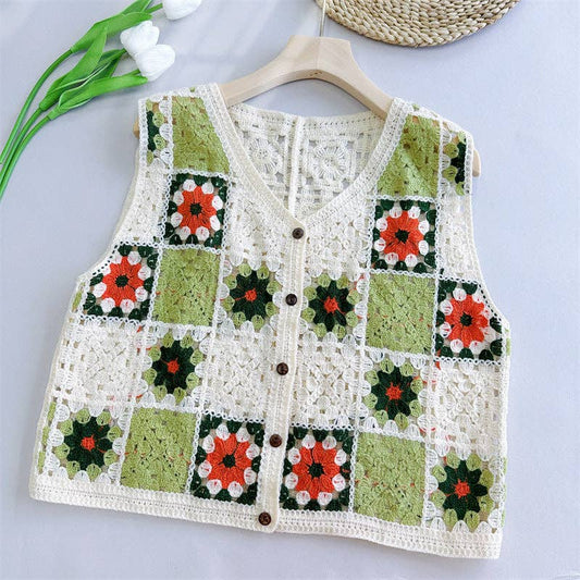 Crochet Hollow Out Loose Contrast Vest: GREEN