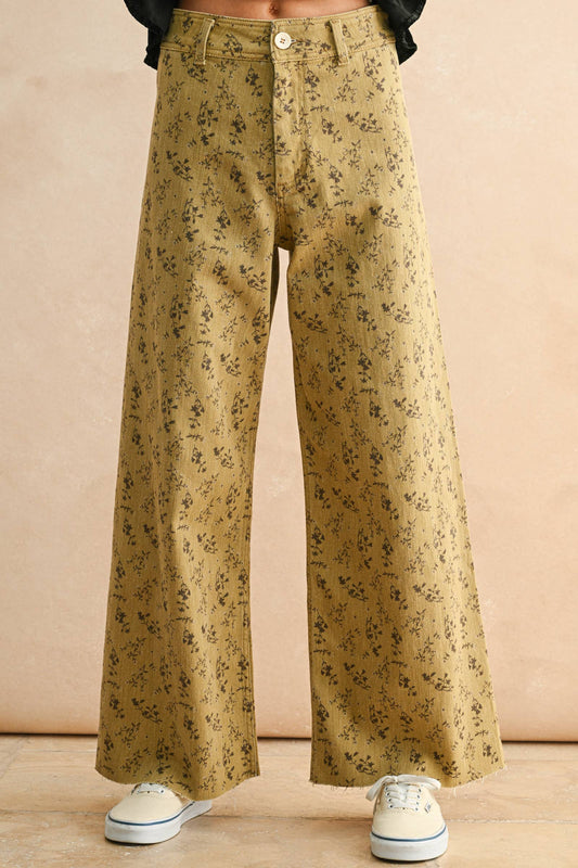 FLORAL PRINT STRETCHED PANTS: STRAW/BROWN