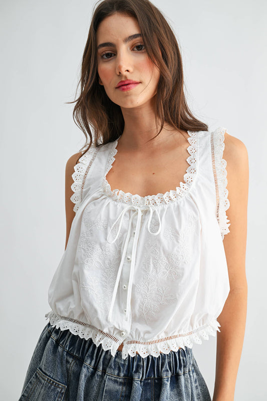 Embroidered Cotton Tank Top: White