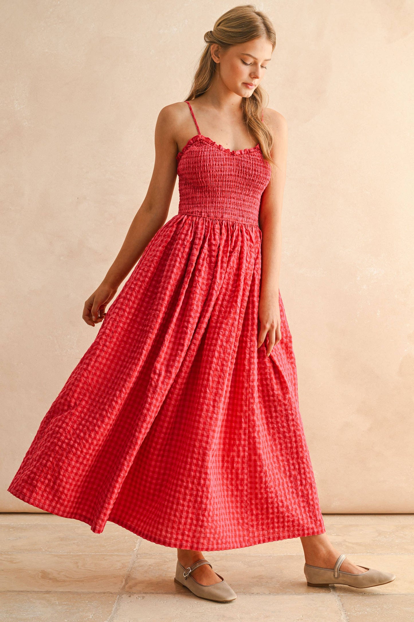 GINGHAM PRINT LONG DRESS: CHERRY