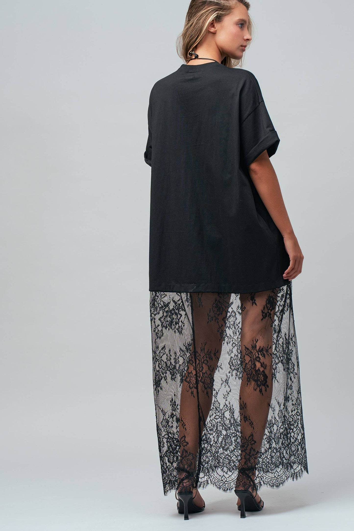 Mixed-Media T-Shirt Dress with Sheer Lace Skirt: Black
