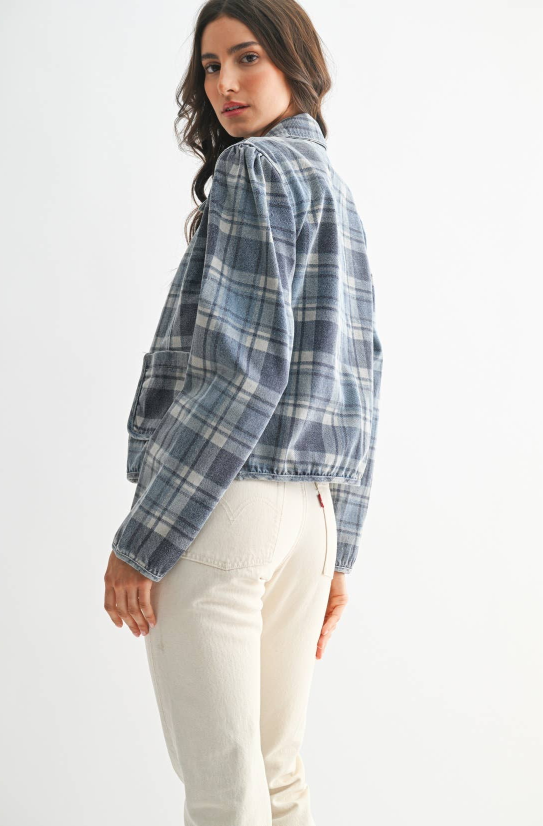 PLAID DENIM JACKET: MEDIUM DENIM WASH PLAID / S-M-L(3-2-1)