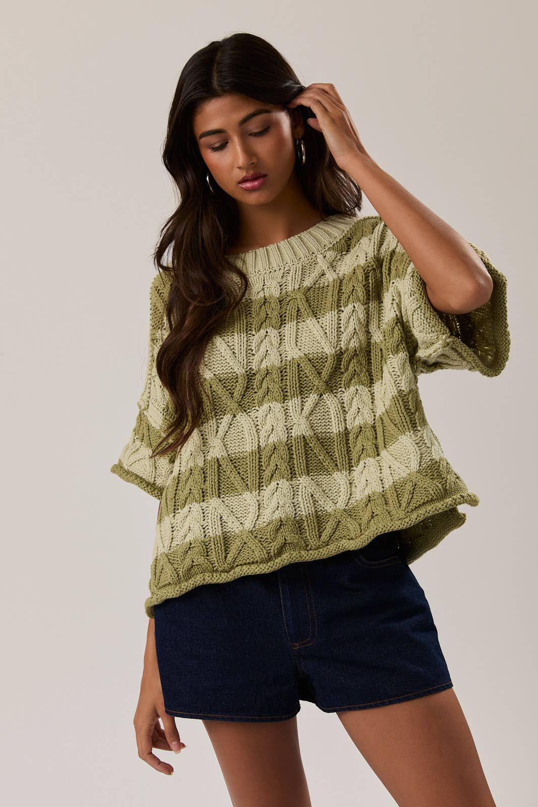 SHORT SLEEVE KNIT SWEATER TOP: GREEN