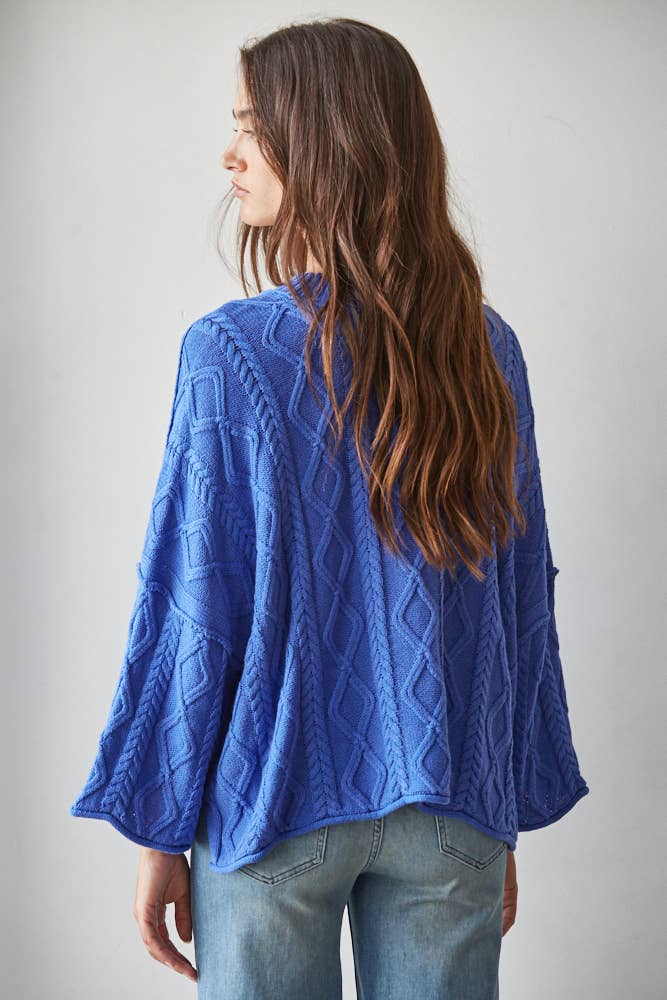 Knit Cable Sweater 3/4 Sleeve Pullover: Cobalt Blue