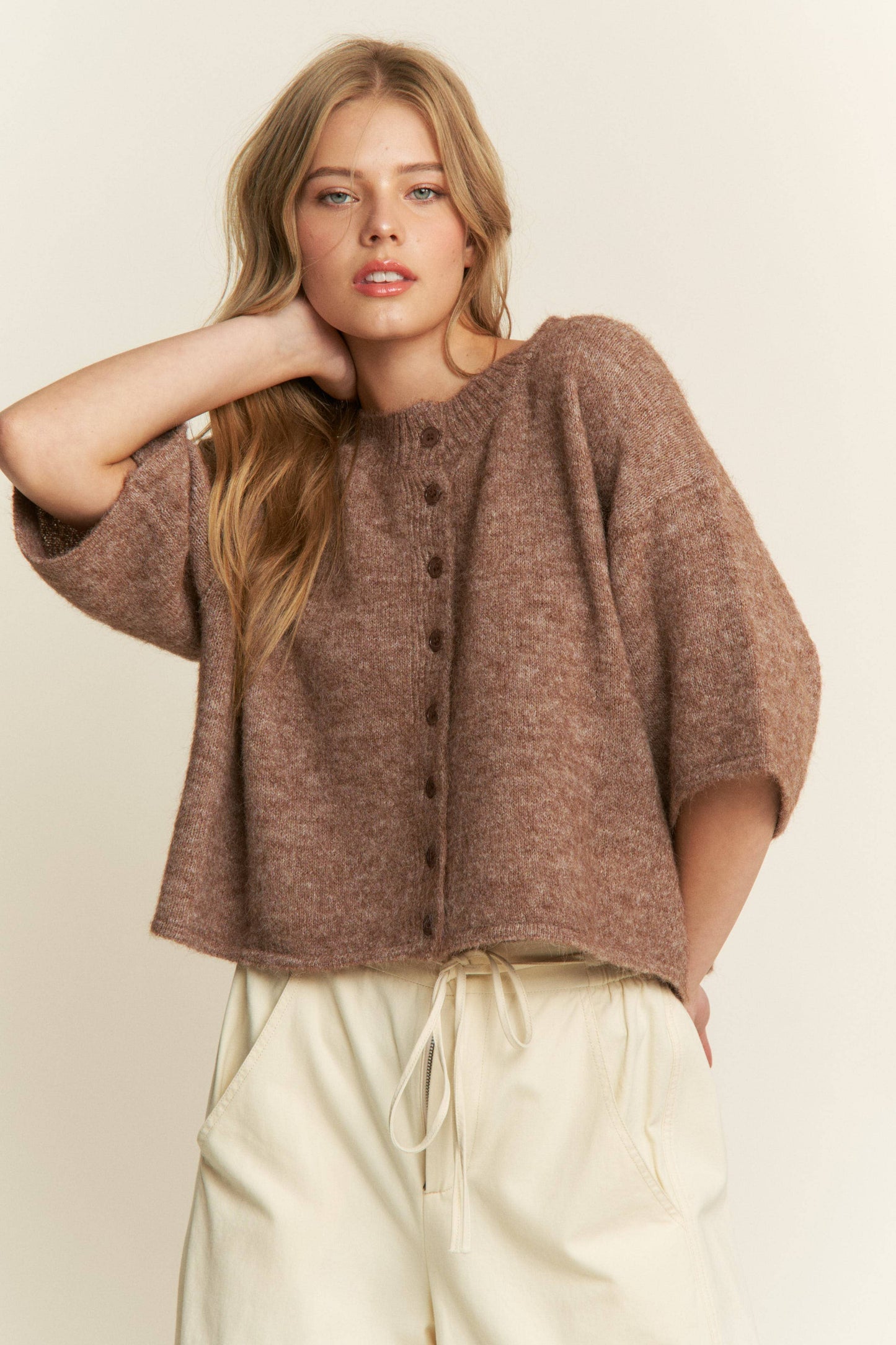Quarter-Sleeve Knit Cardigans: Mocha