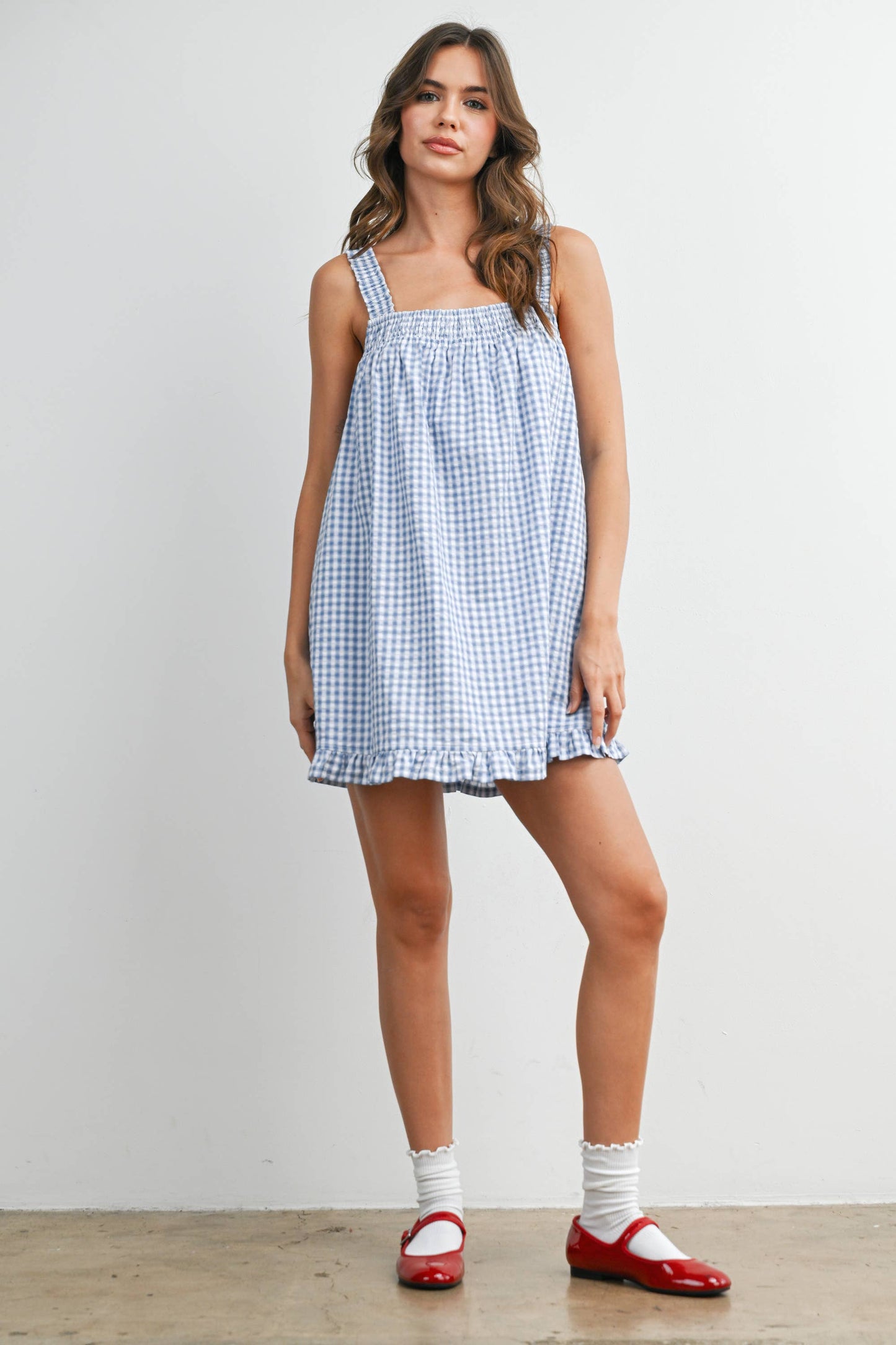 Back-Tie Smocked Ruffle Gingham Dress: BLUE / IVORY