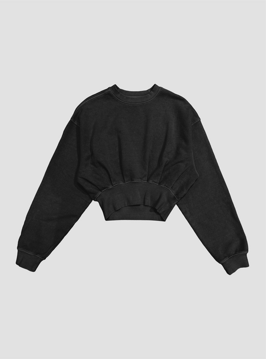 Acid Wash Cropped Balloon Sweatshirt: BLACK
