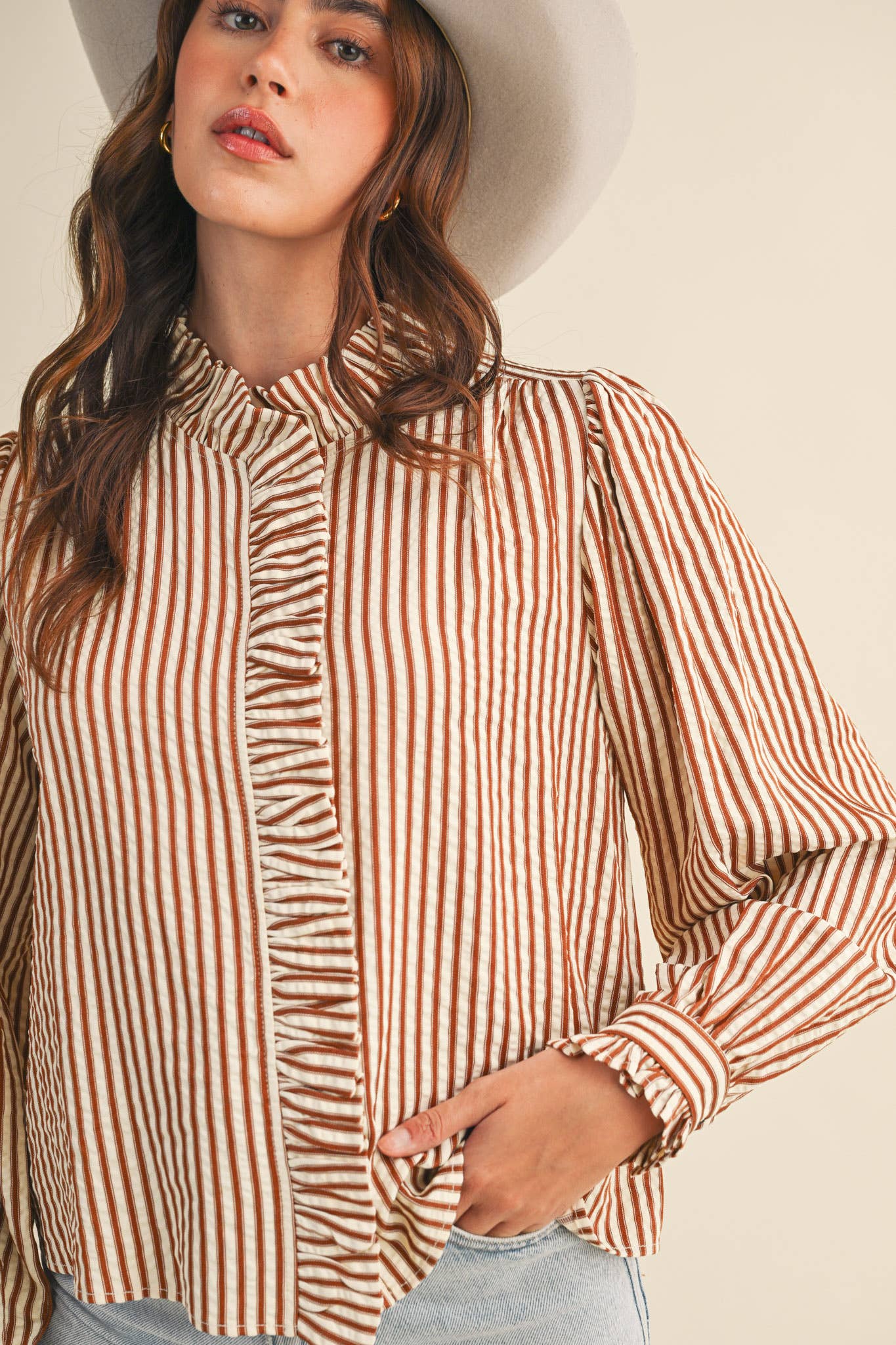 STRIPED RUFFLED BUTTON DOWN- brown