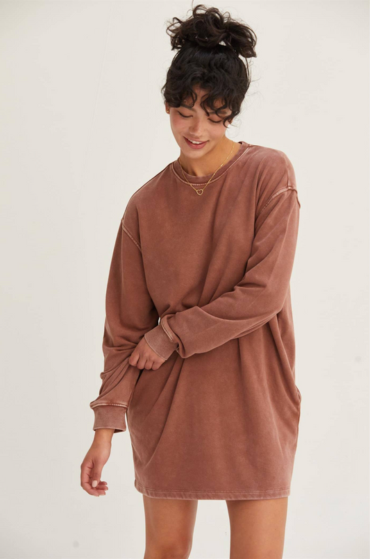 Long Sleeve Oversized Mini Dress: CHESTNUT