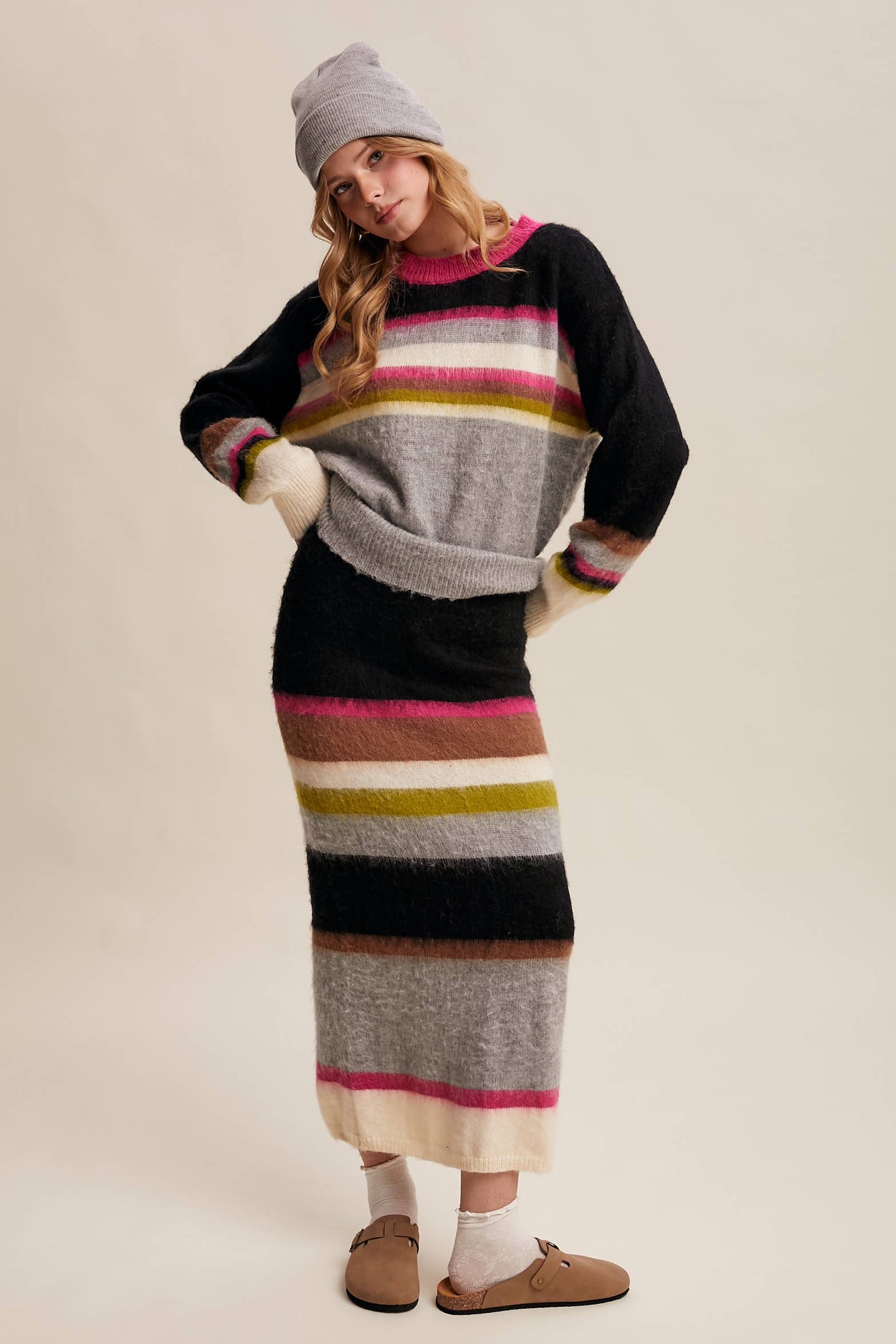 Striped Fuzzy Knit Sweater & Skirt: Light Pink Multi