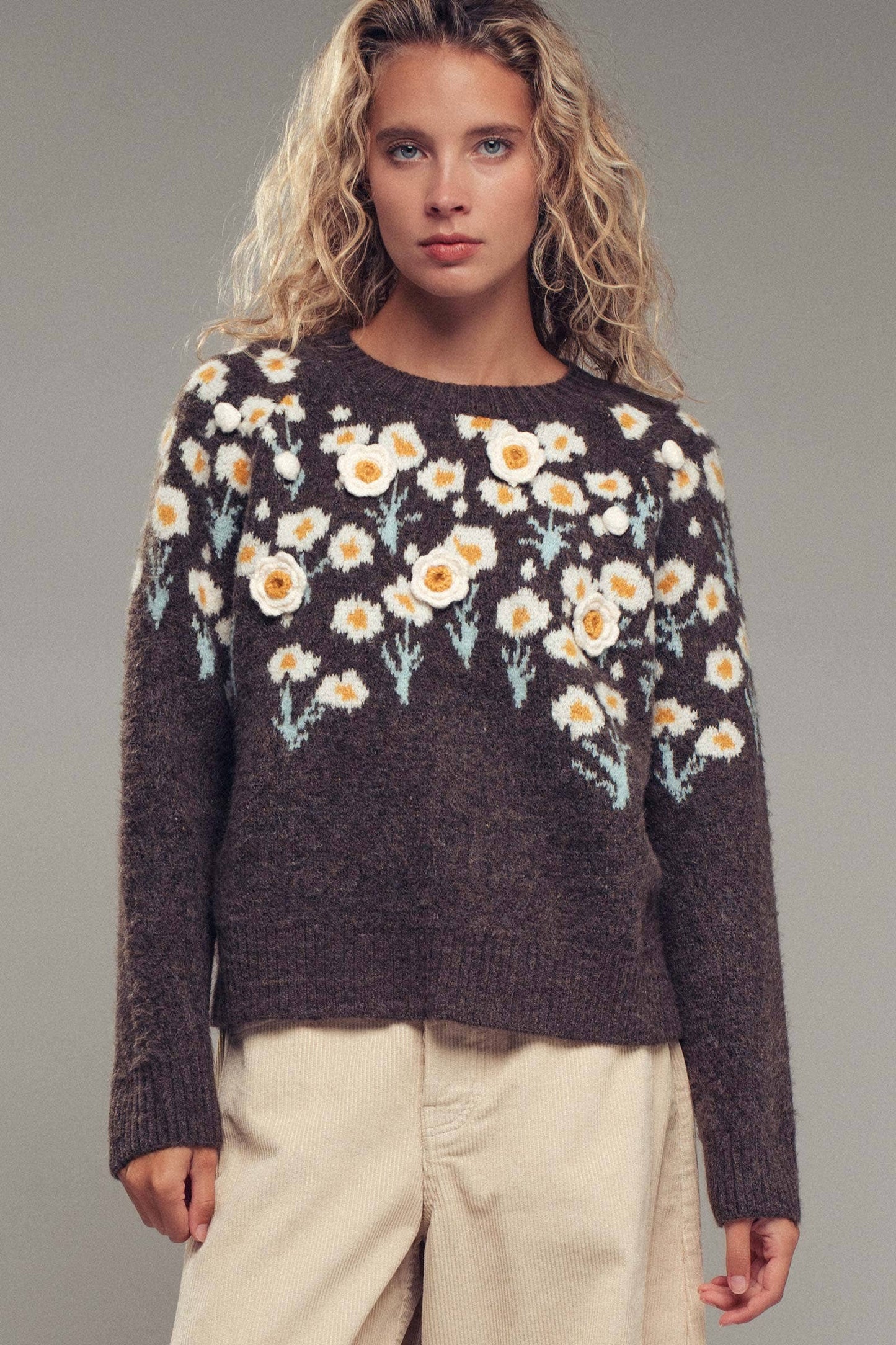 Daisy Embossed Floral Knit Sweater: Brown