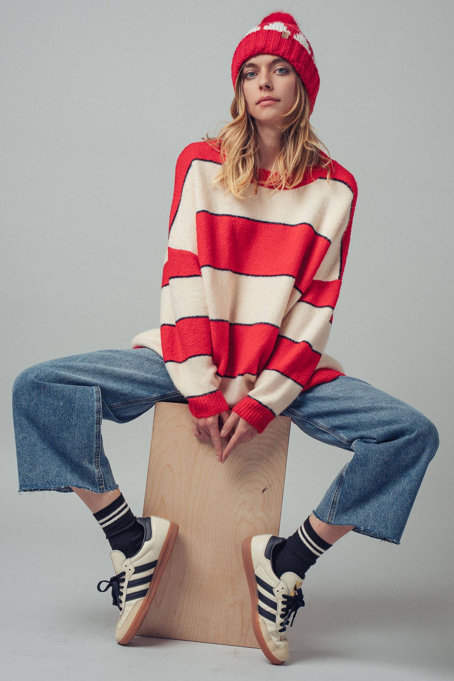 Oversized Rugby Stripe Knit Sweater: Red