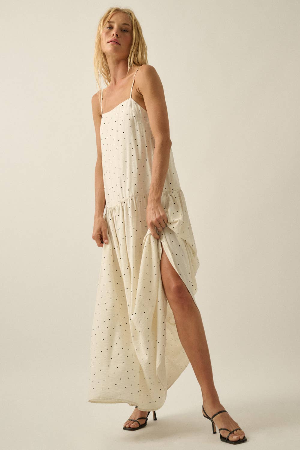 Polka Dot-Print Drop-Waist Cami Maxi Dress: Oatmeal