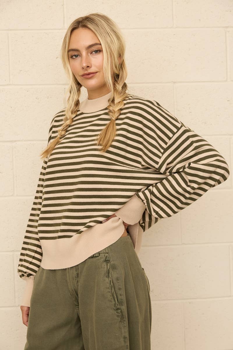 Two-Tone Stripe Mock Neck Sweater: BEIGE MULTI