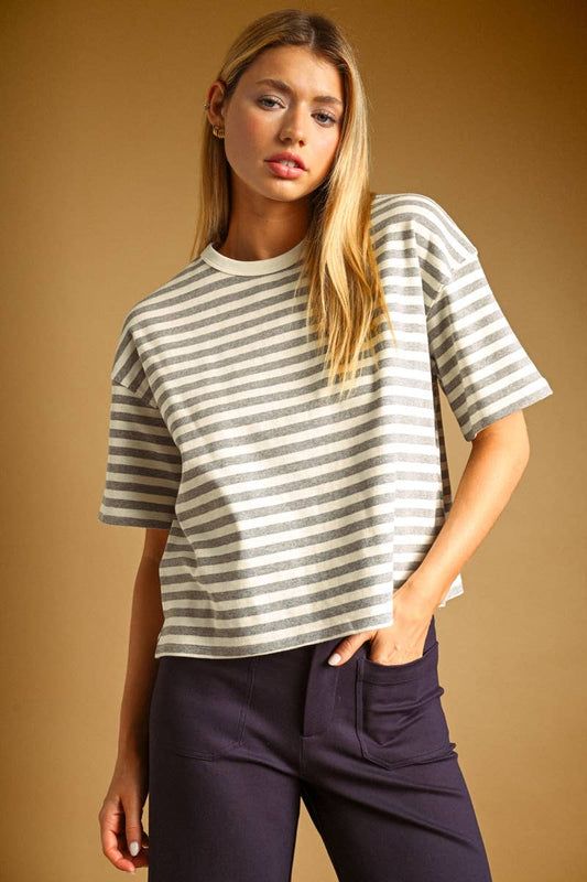 BOLD STRIPED SHORT SLEEVE TOP: HEATHER GREY